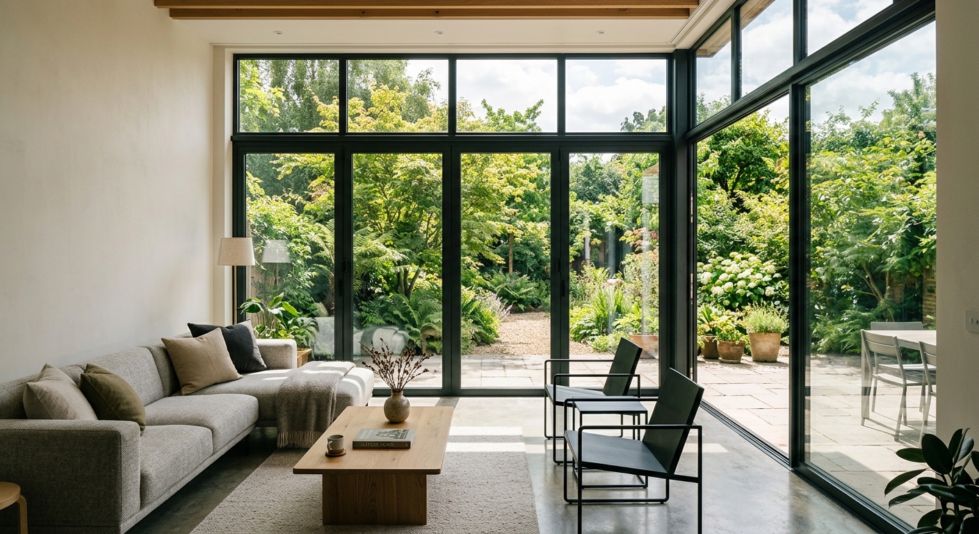 Intérieur lumineux avec grande baie vitrée en aluminium