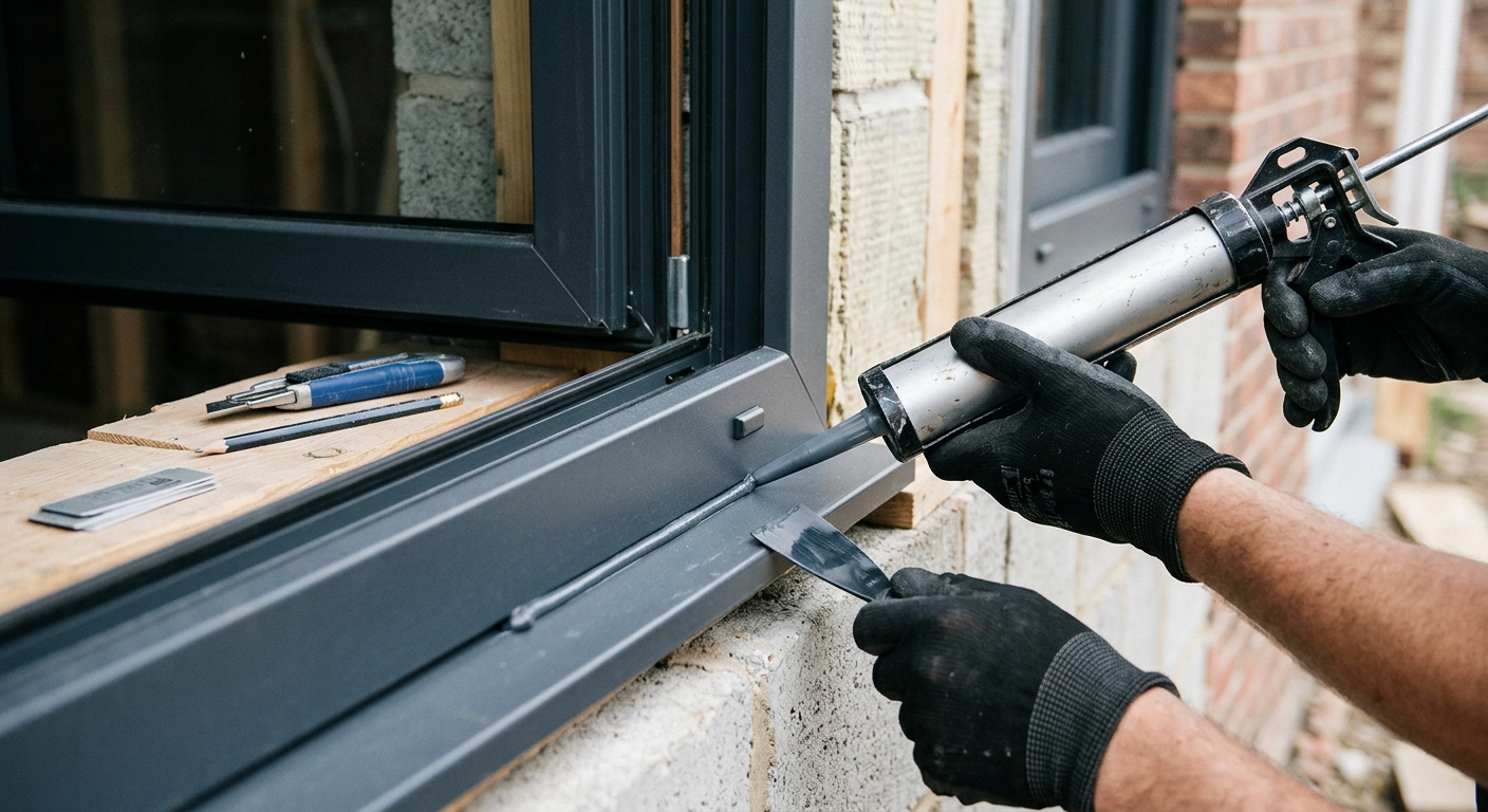 Artisan posant une fenêtre aluminium