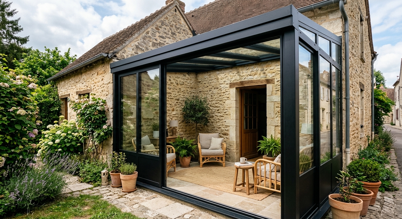 Véranda moderne en aluminium à Senlis